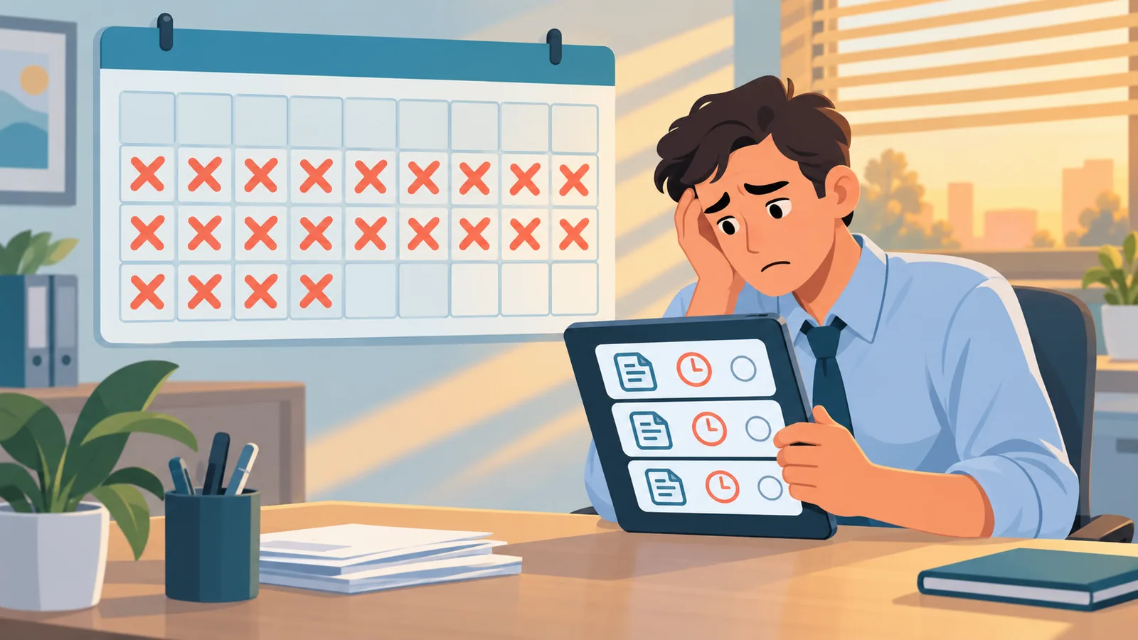 Trabajador de oficina revisando reclamaciones pendientes junto a un calendario