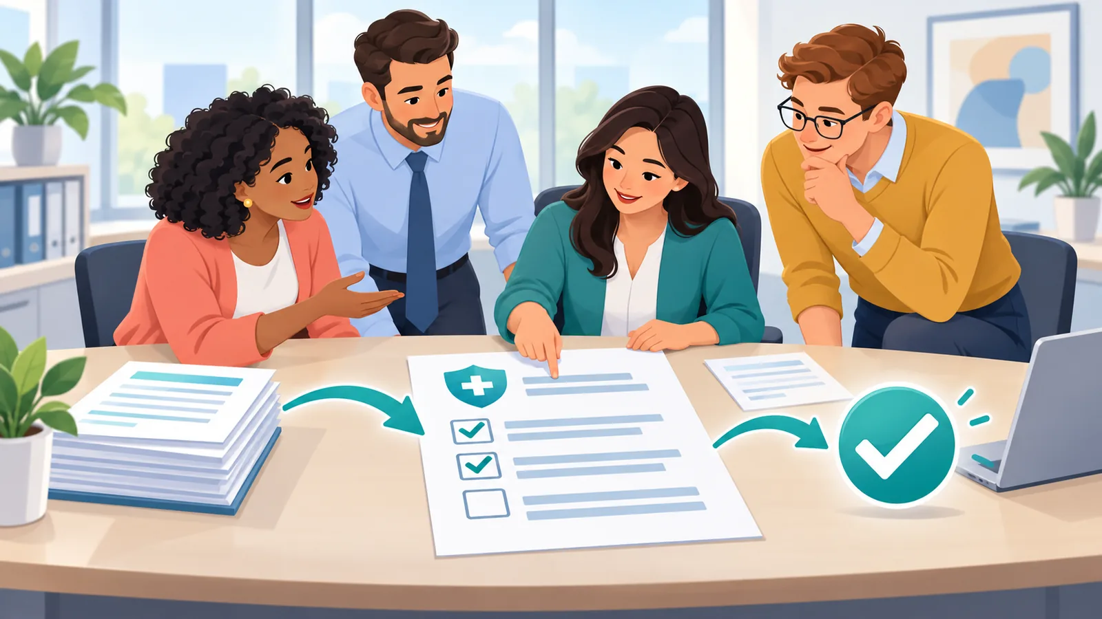 Equipo administrativo sanitario resolviendo dudas sobre documentos de seguros