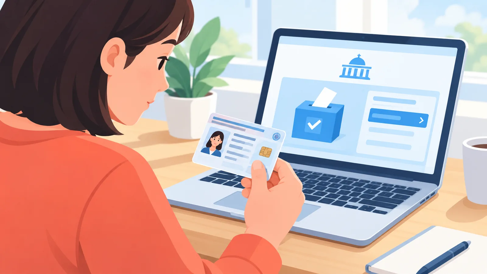 Persona revisando una tarjeta de votante junto a un portátil con un portal oficial