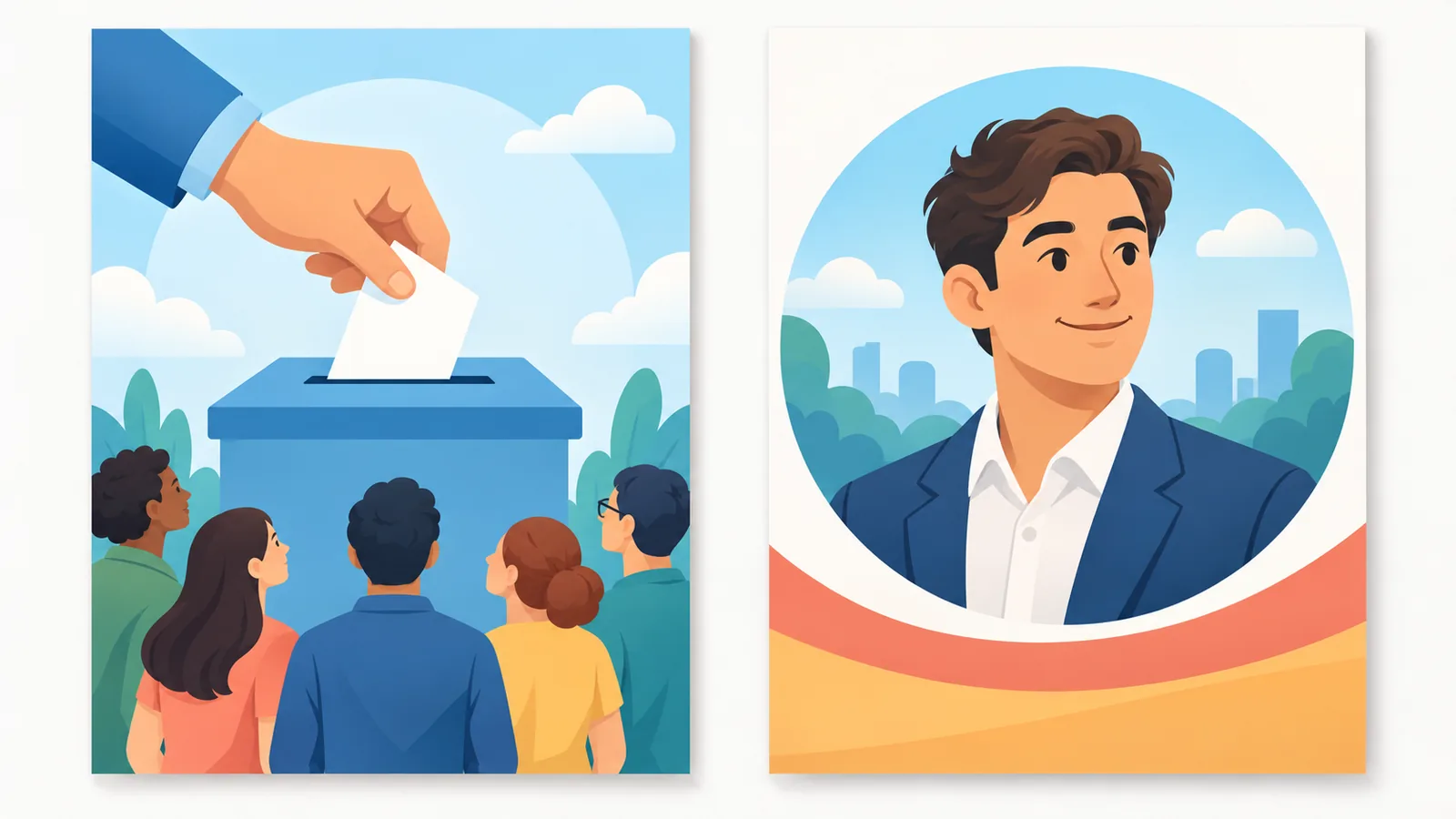 Dos carteles lado a lado: uno neutral de participación y otro de candidato