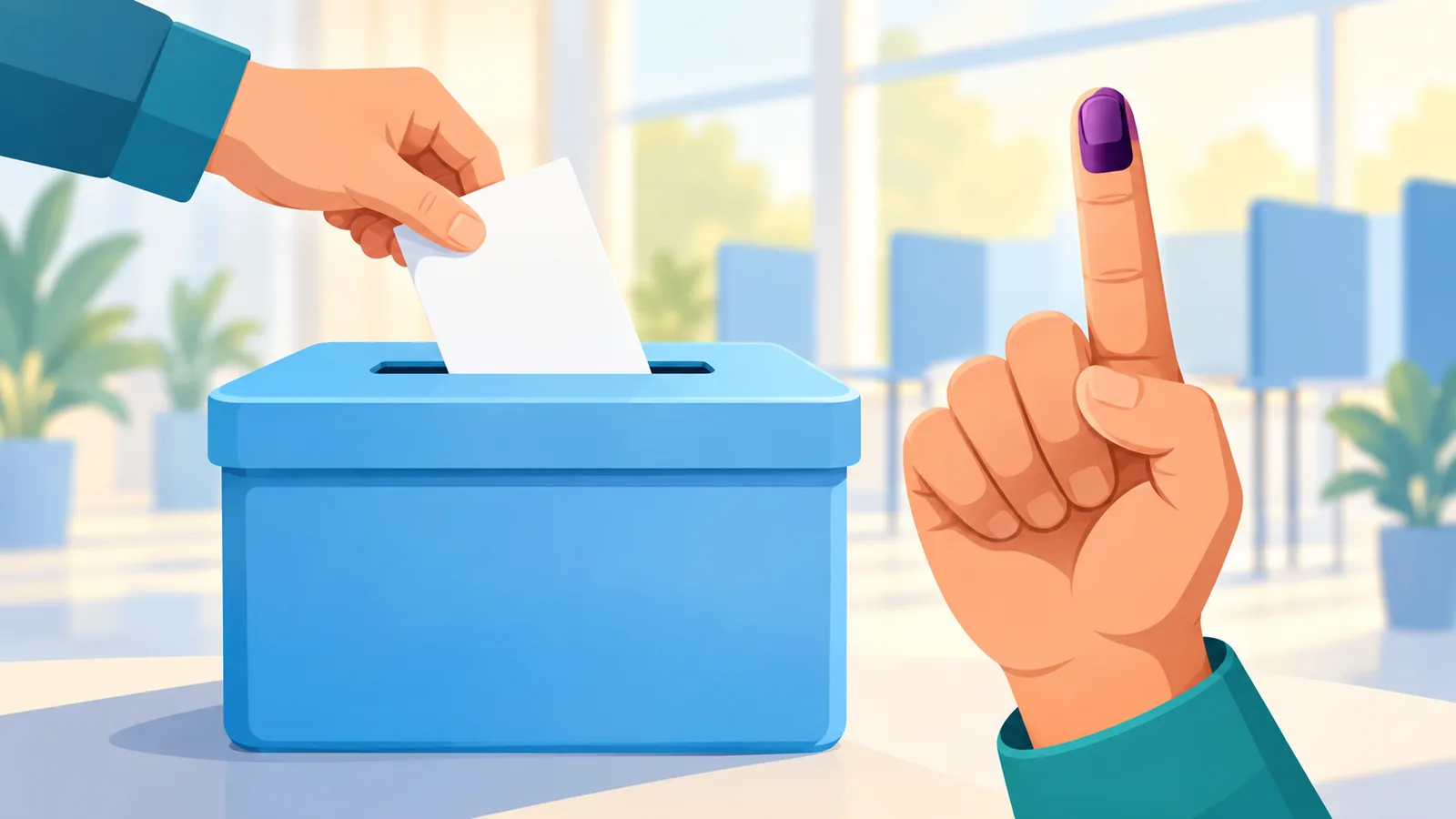 Urna electoral y dedo con tinta indeleble en primer plano