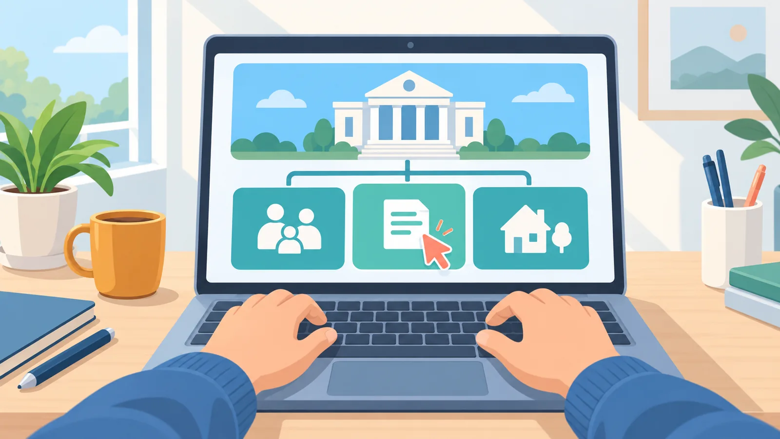 Portátil mostrando una web institucional con las manos sobre el teclado