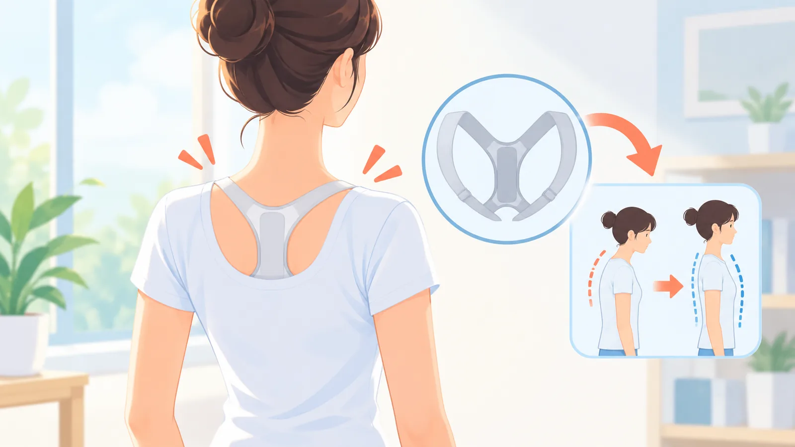 Mujer con un corrector de postura fino bajo una camiseta de algodón