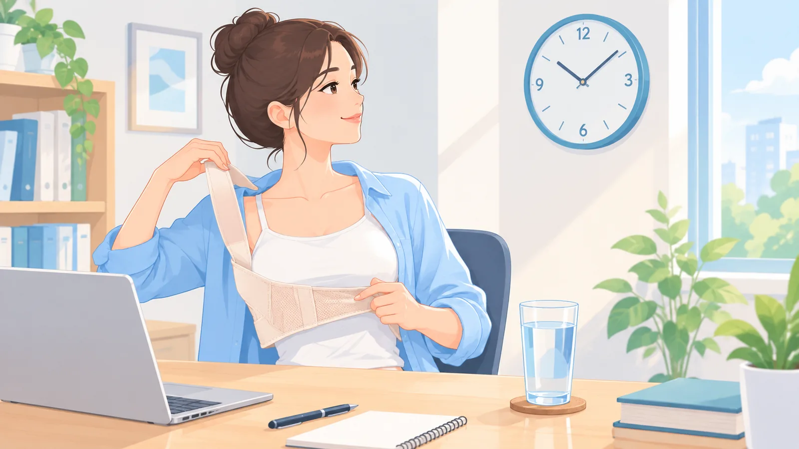 Mujer haciendo una pausa y quitándose el corrector durante la jornada