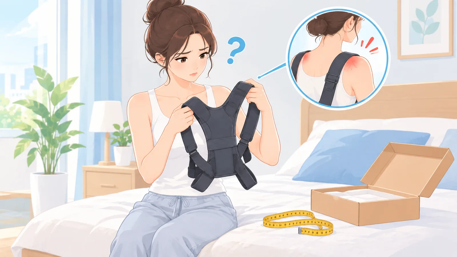 Mujer revisando un arnés de postura que le ha causado rozaduras