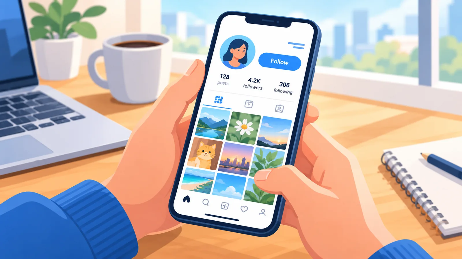 Persona sujetando un móvil con un perfil de red social abierto