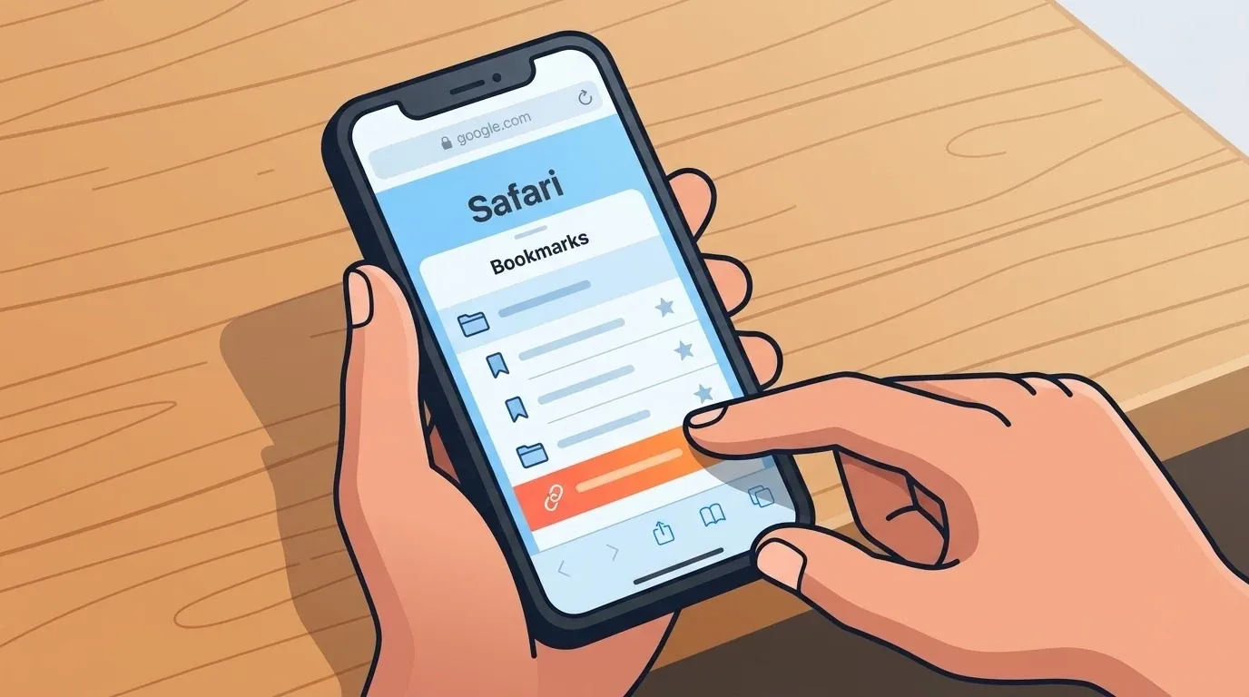 Mano sujetando un iPhone con el menú de marcadores de Safari abierto