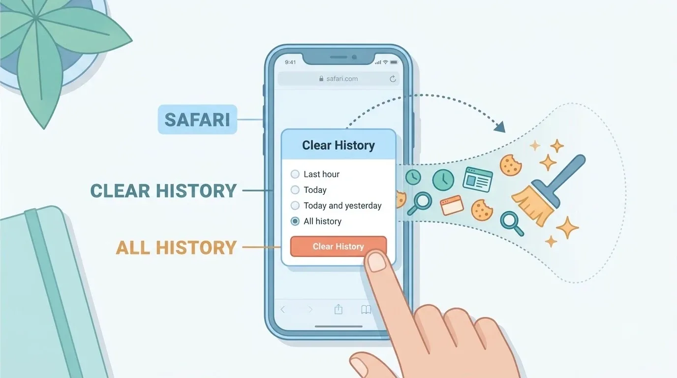 iPhone sobre una mesa blanca mostrando la opción de borrar historial de Safari