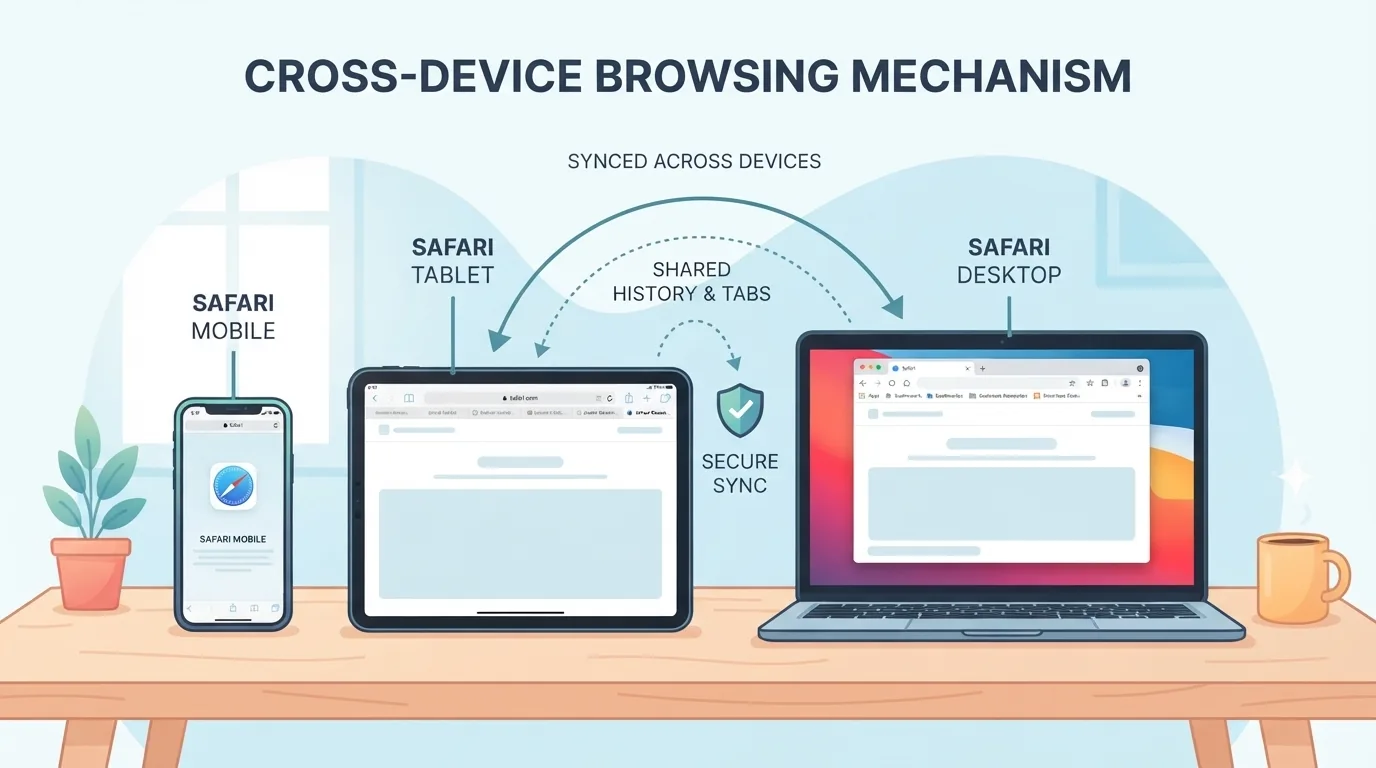iPhone, iPad y MacBook con Safari abierto sobre un escritorio ordenado