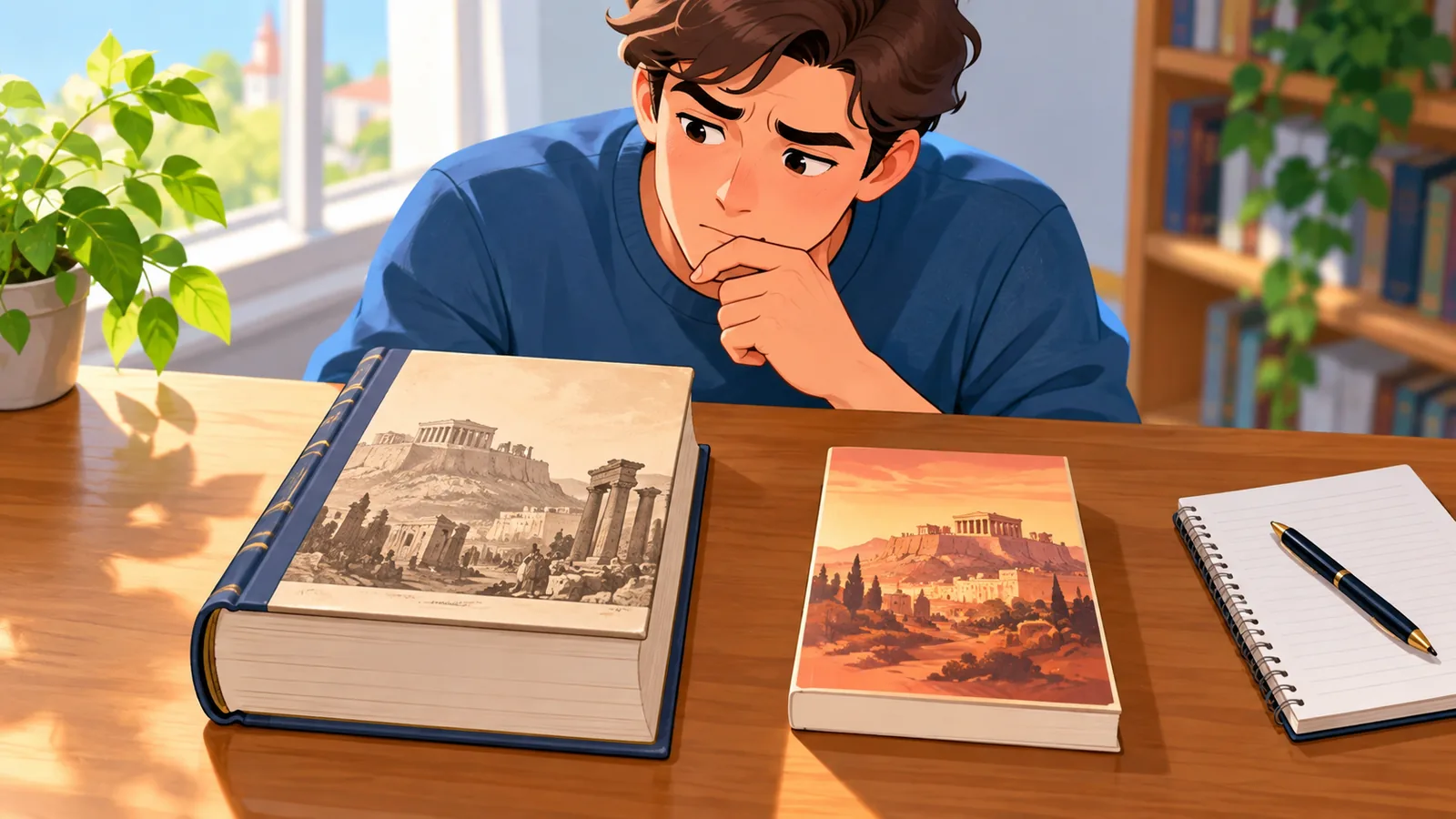 Persona comparando dos libros de historia sobre un escritorio de madera