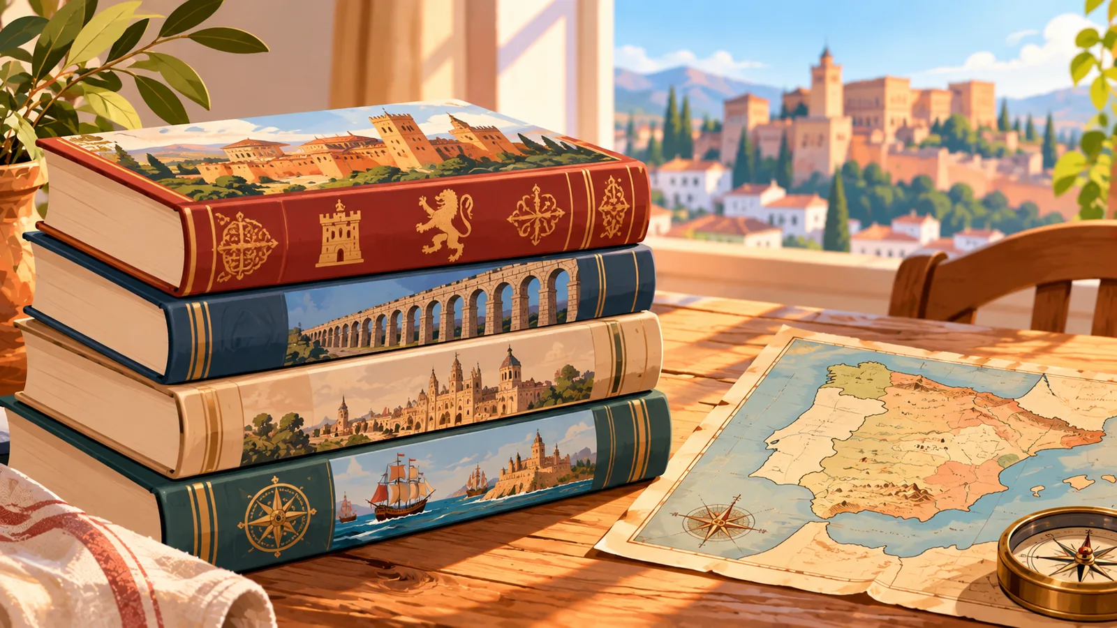 Pila de libros de historia de España junto a un mapa antiguo de la península ibérica