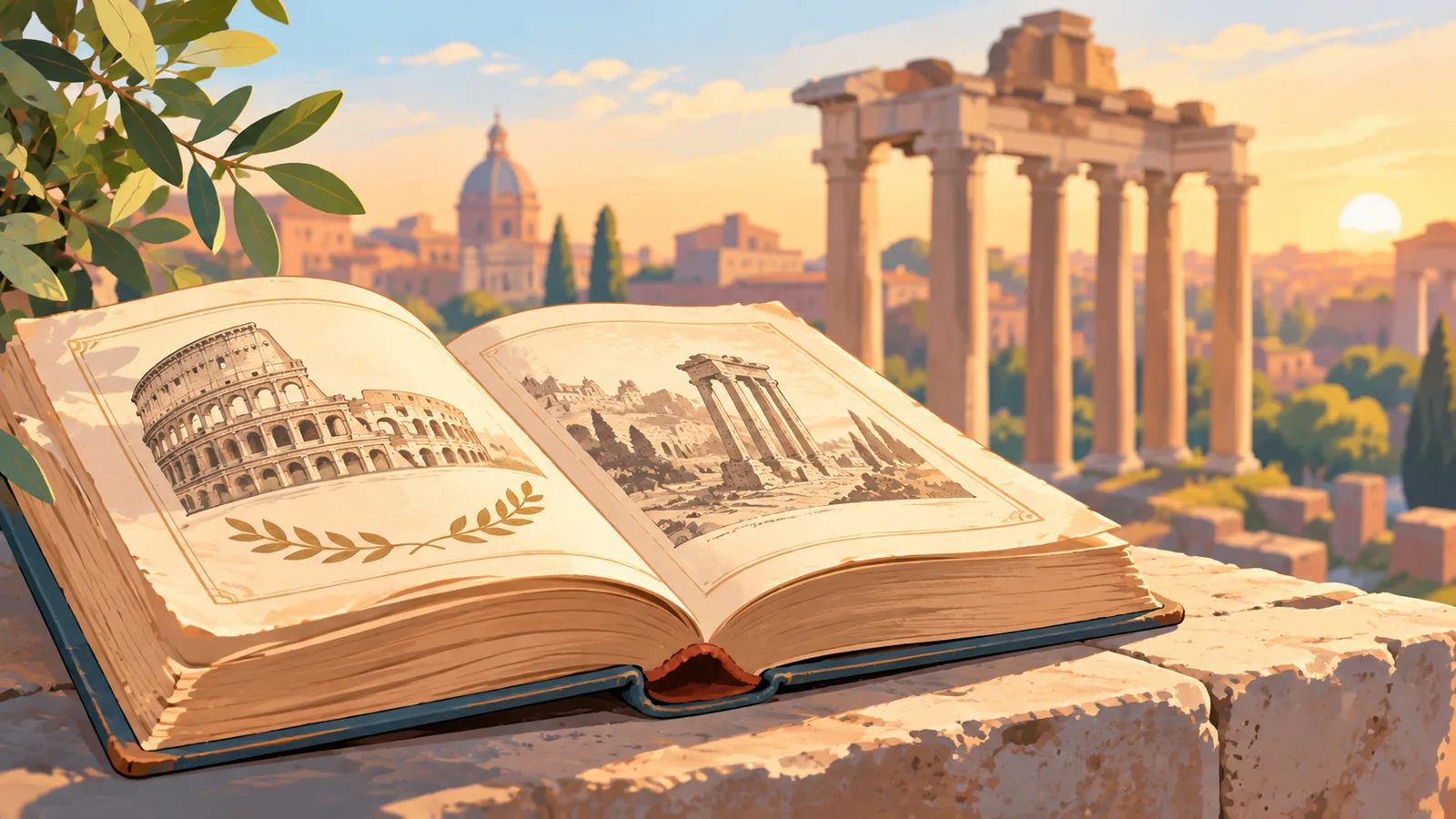 Libro abierto sobre una piedra con ruinas romanas al fondo