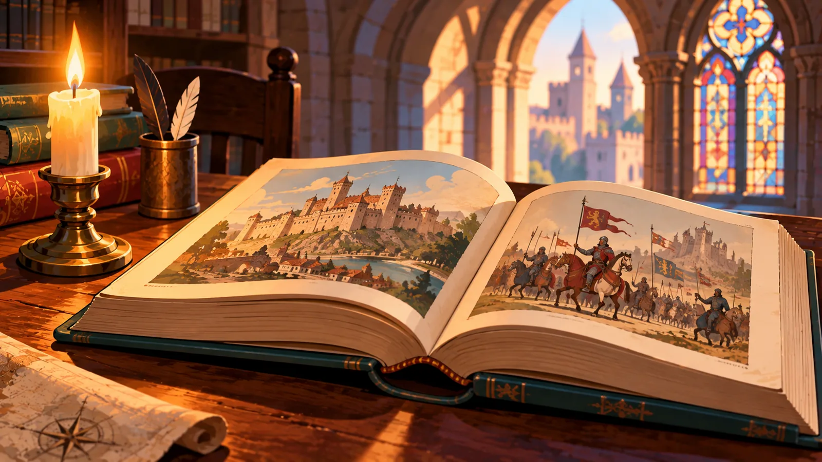 Libro de historia medieval junto a una vela con un arco de piedra al fondo