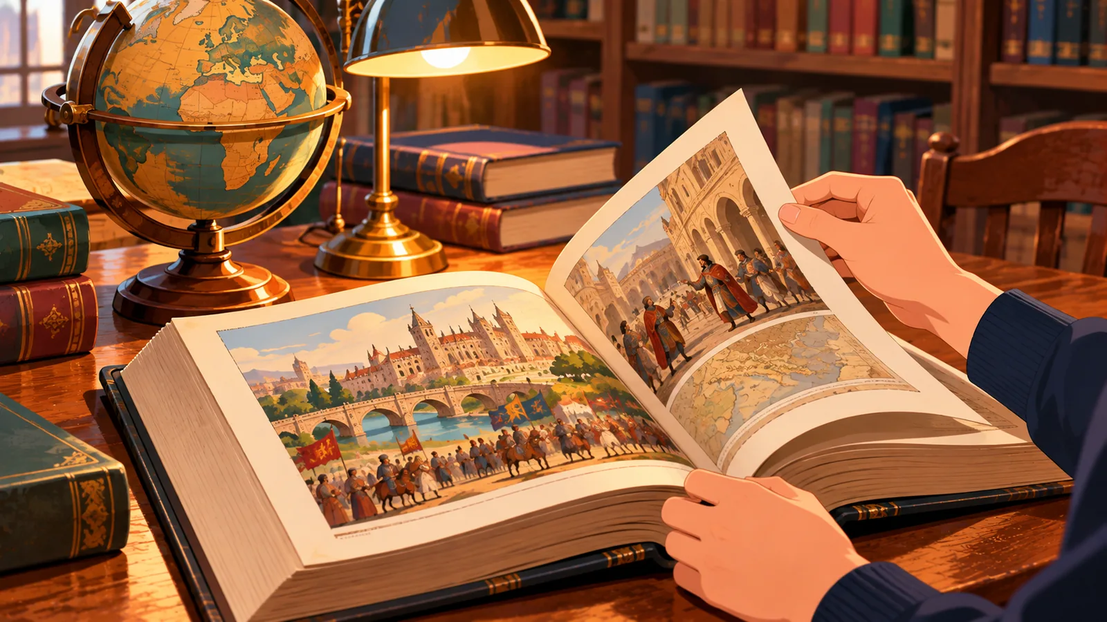 Manos hojeando un volumen ilustrado de historia en una biblioteca