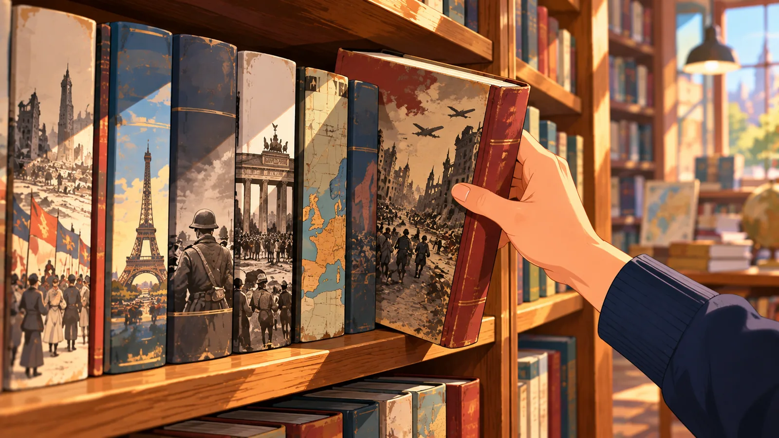 Mano sacando un libro de historia del siglo XX de una estantería de librería