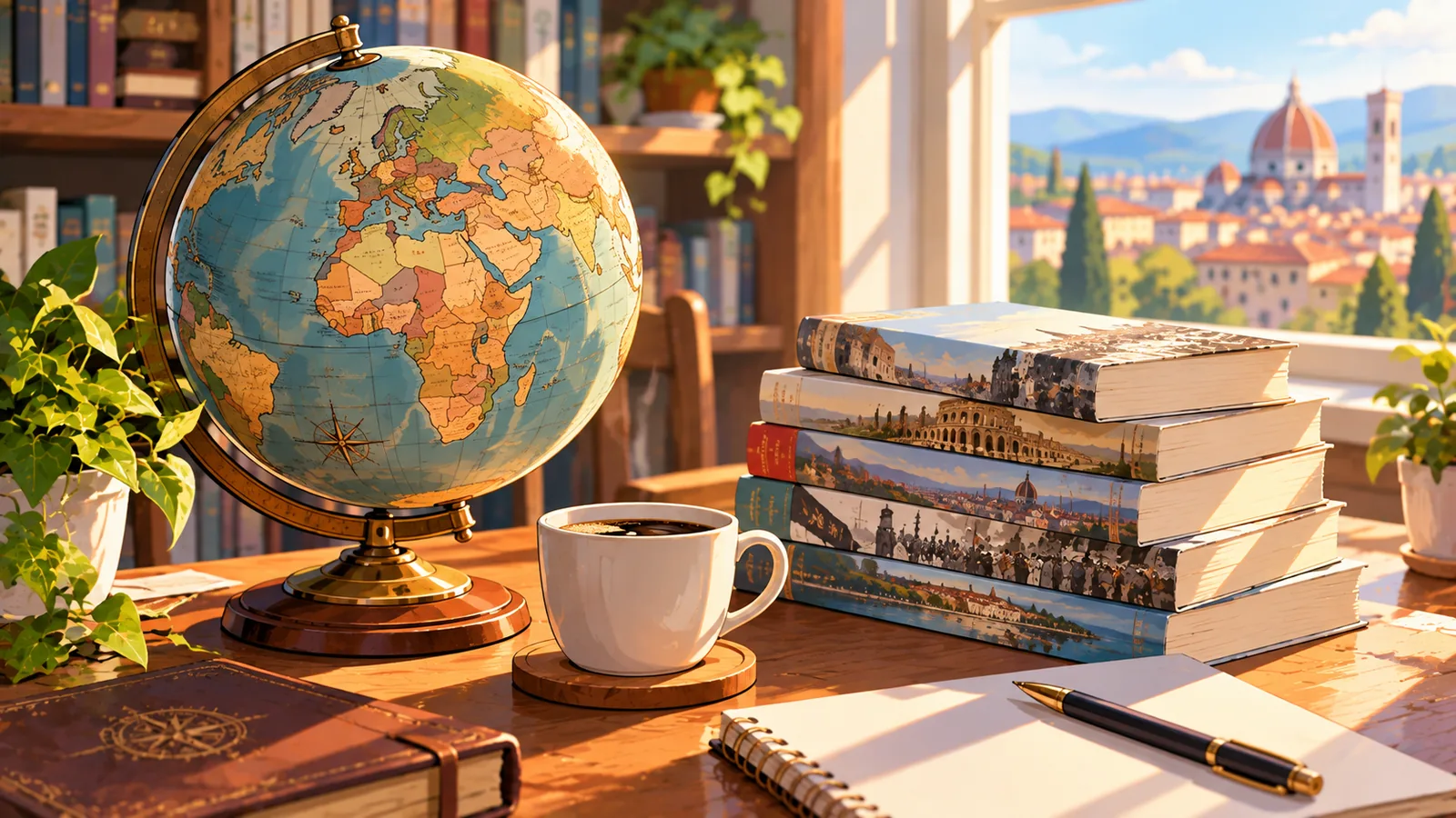 Globo terráqueo antiguo junto a libros de historia universal y una taza de café