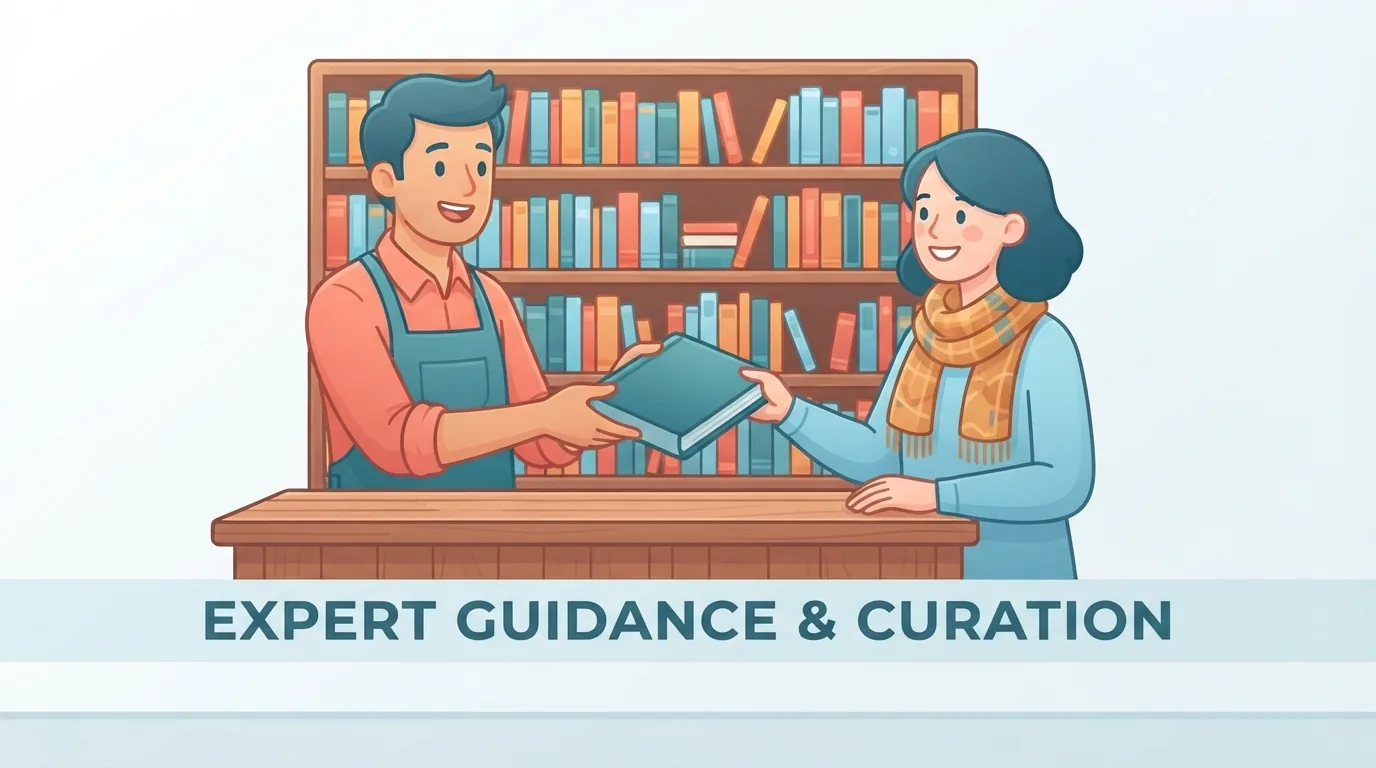 Librero recomendando un libro de historia a un cliente en una librería