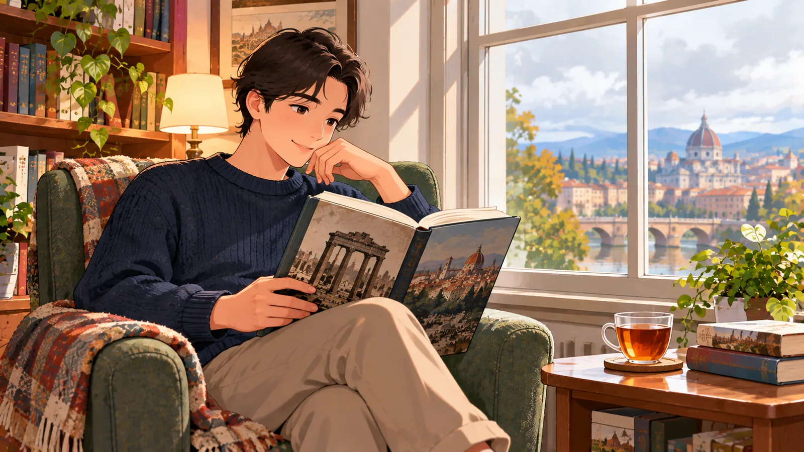 Lector con un libro de historia en un sillón junto a una ventana