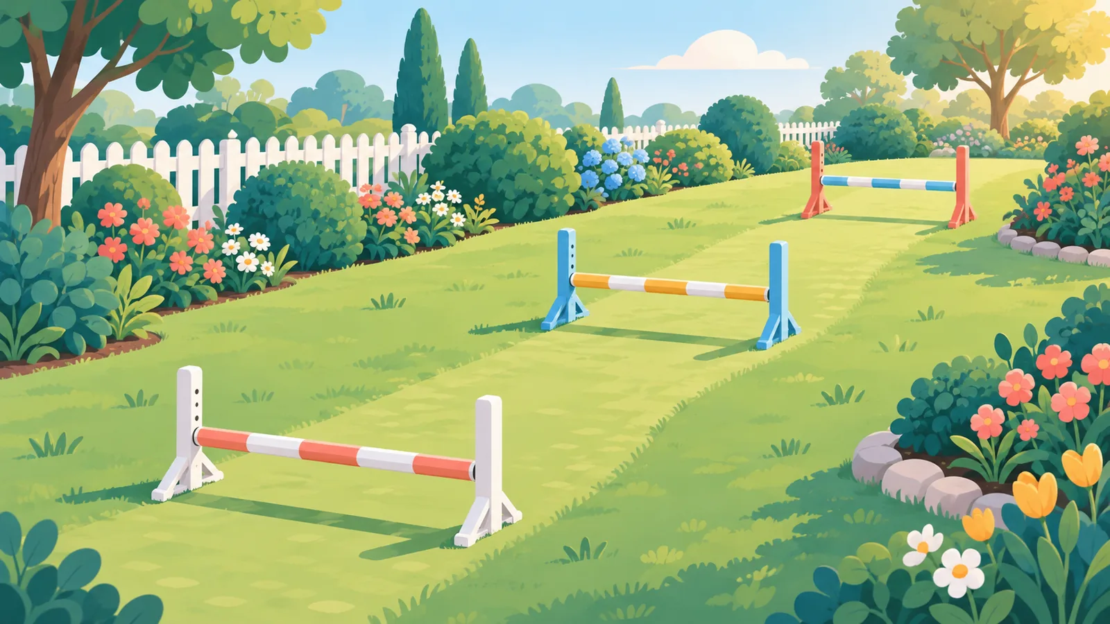 Circuito sencillo con tres obstáculos bajos en un jardín