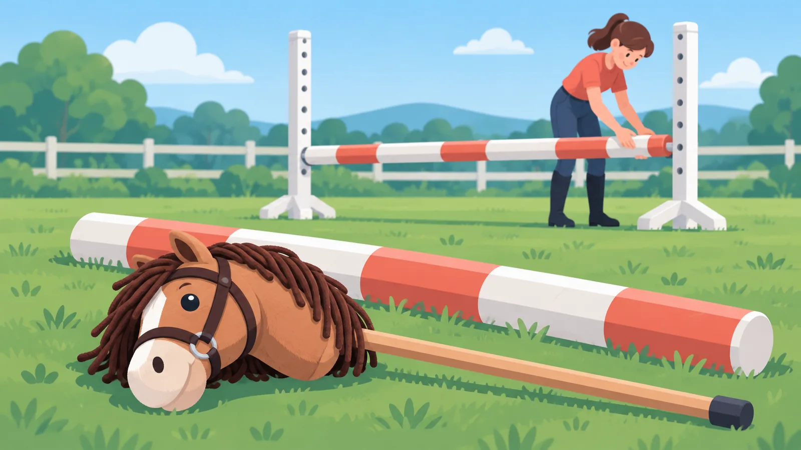 Barra caída junto a un hobby horse mientras se recoloca el obstáculo