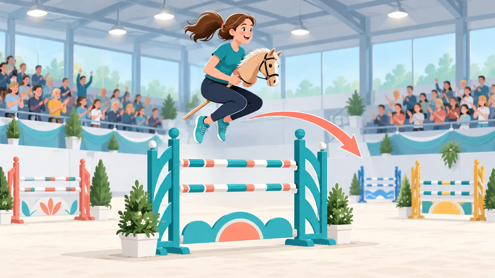 Pista de competición de hobby horse con obstáculos de colores y público