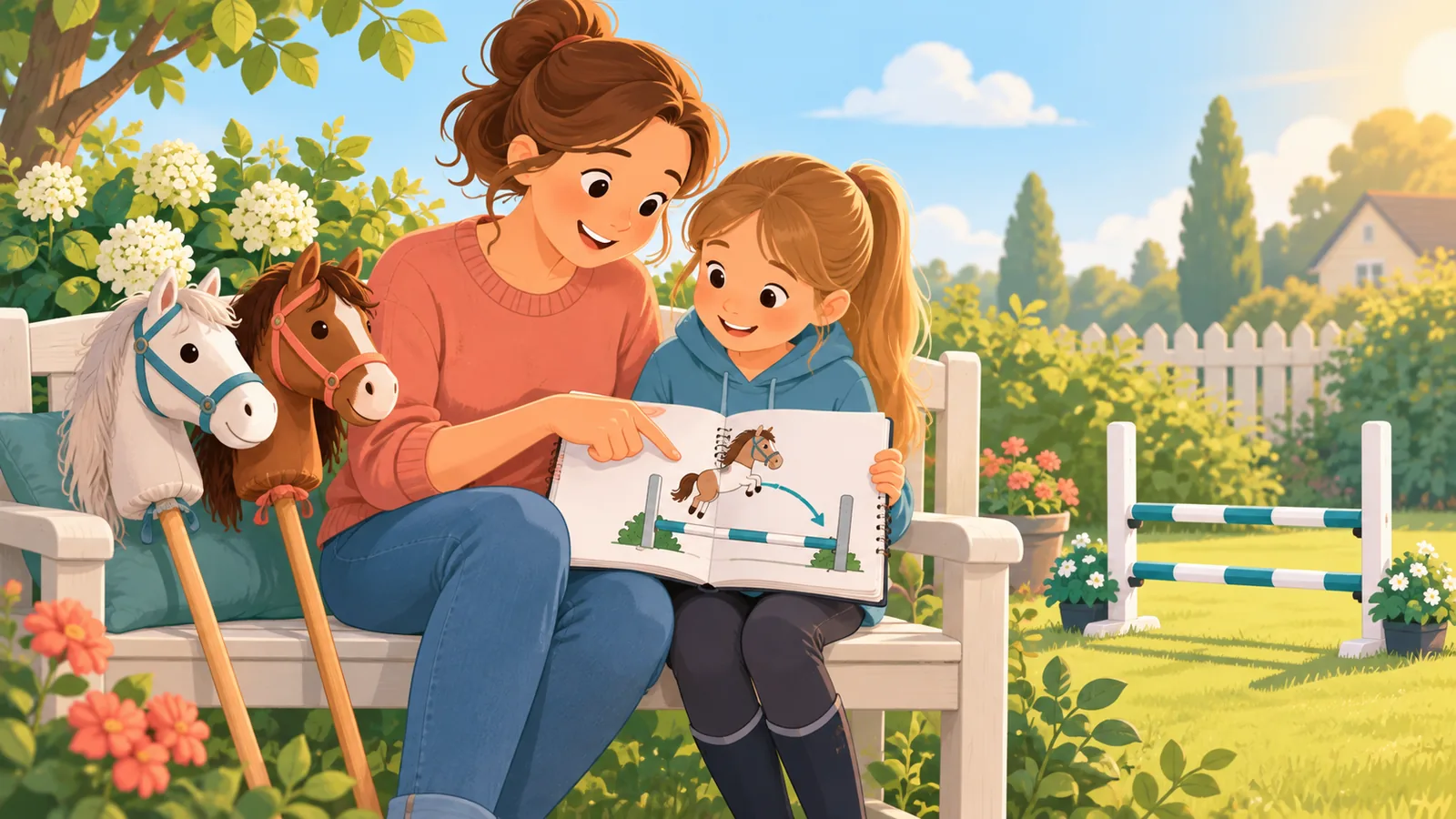 Madre y niño repasando dudas sobre saltos en un banco del jardín
