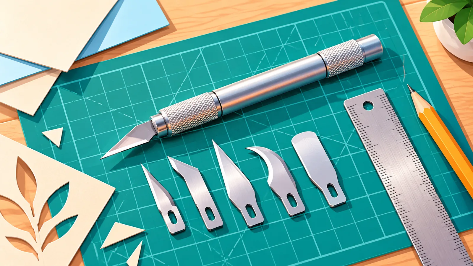 Cúter, hojas de recambio, regla y lápiz sobre una mesa de manualidades