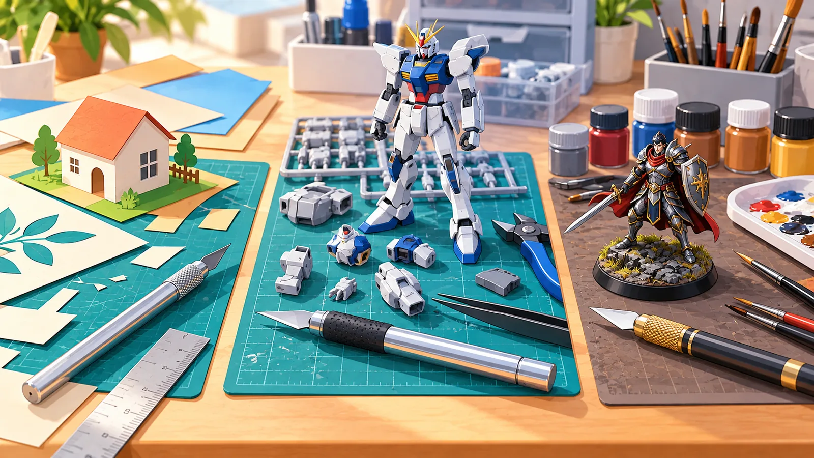 Tres zonas de trabajo: papel, maquetas de plástico y miniaturas, cada una con su cúter