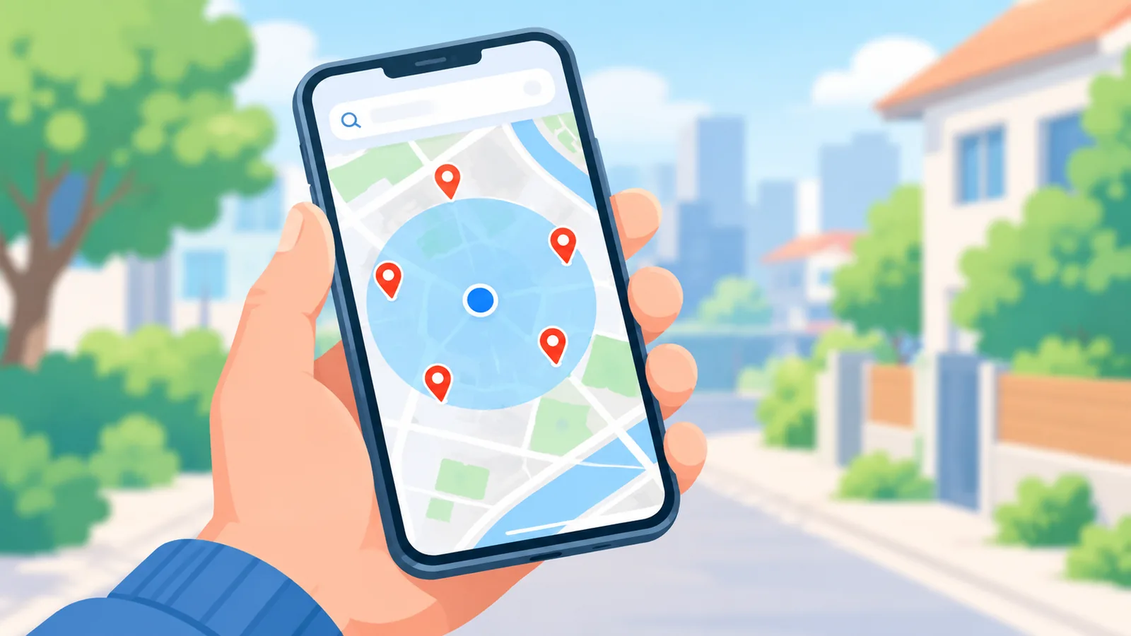 Móvil con un mapa que muestra tiendas de manualidades dentro de un radio de búsqueda