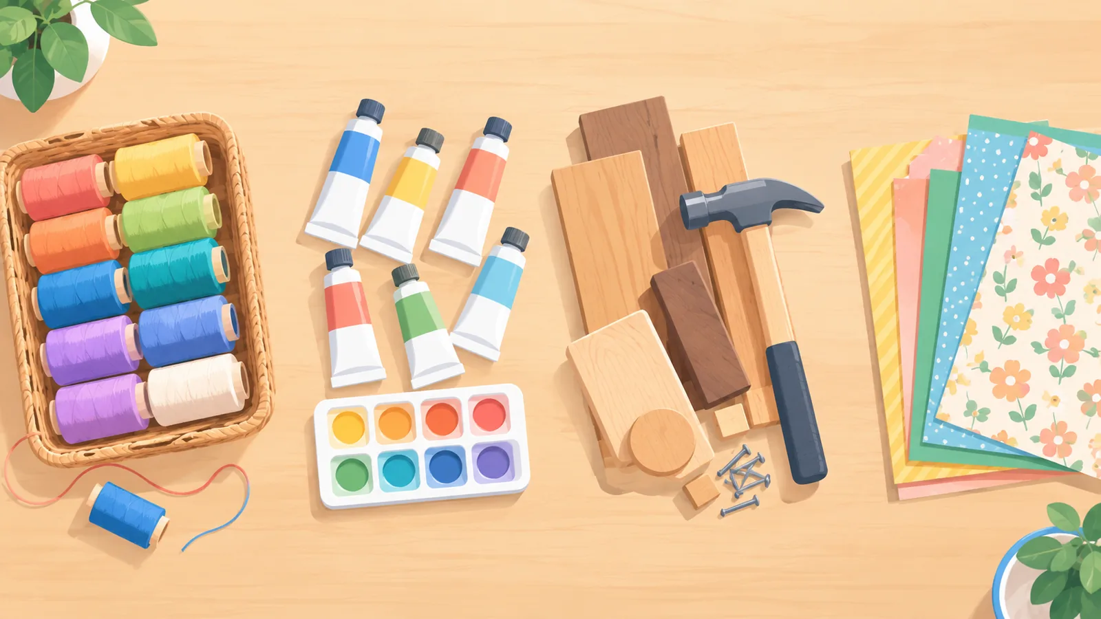 Muestras de materiales de mercería, bellas artes, bricolaje y papelería creativa sobre una mesa