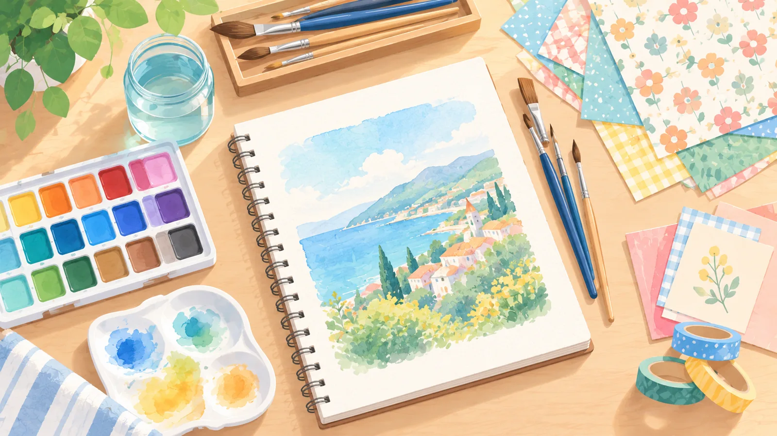 Pinturas, pinceles y papeles de scrapbooking sobre una mesa de trabajo