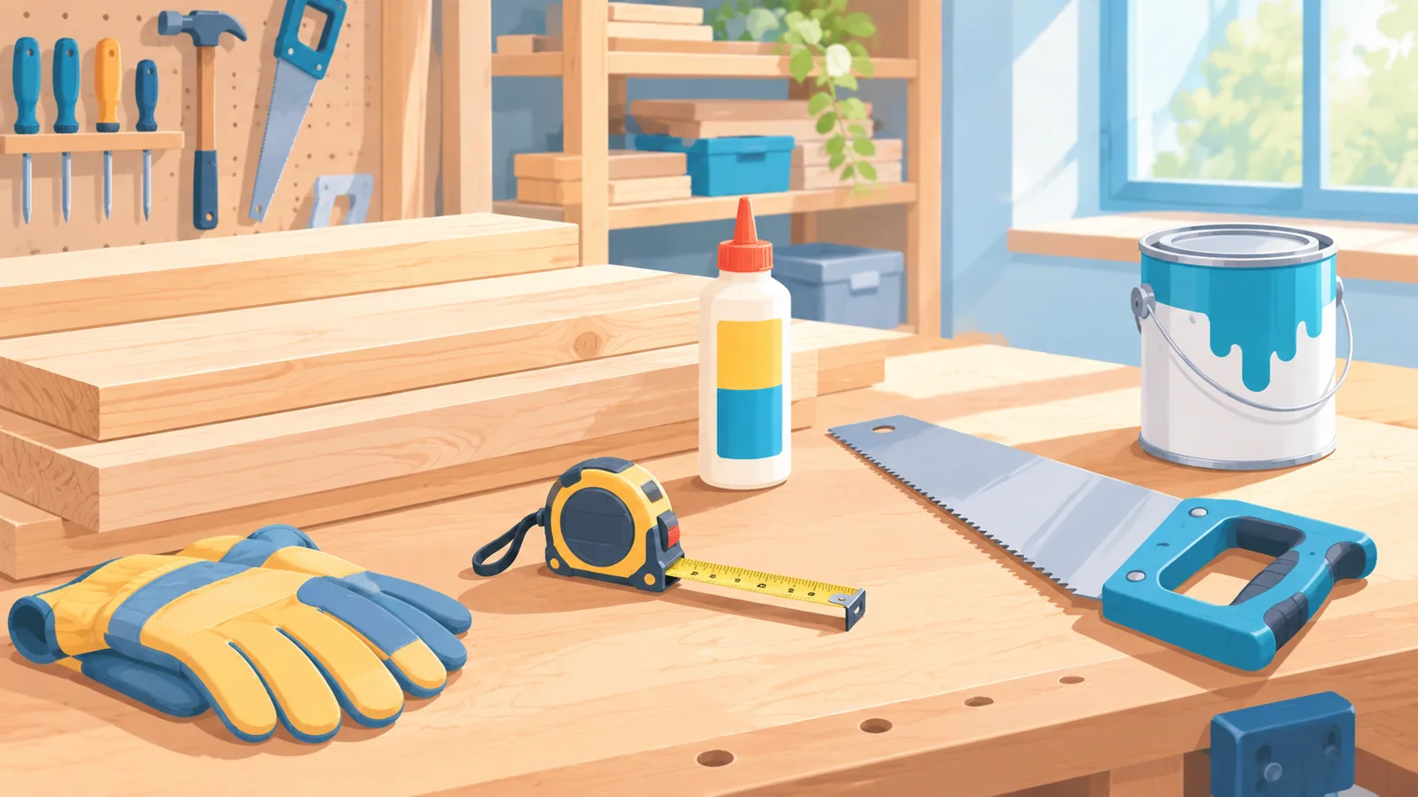 Madera, pegamento y herramientas sobre un banco de bricolaje