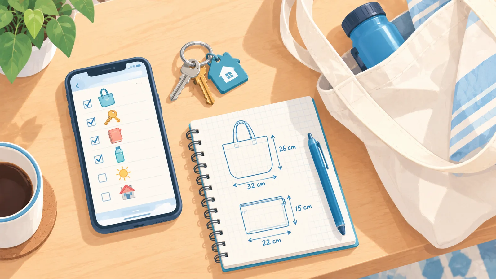 Lista de comprobaciones en el móvil junto a las llaves y una bolsa antes de salir de compras
