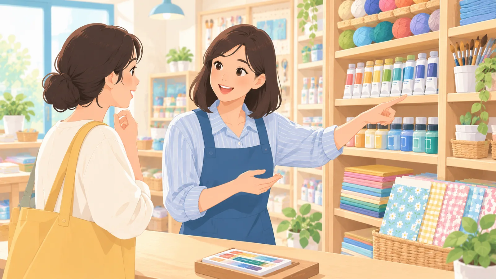 Dependiente de una tienda de manualidades resolviendo dudas a una clienta