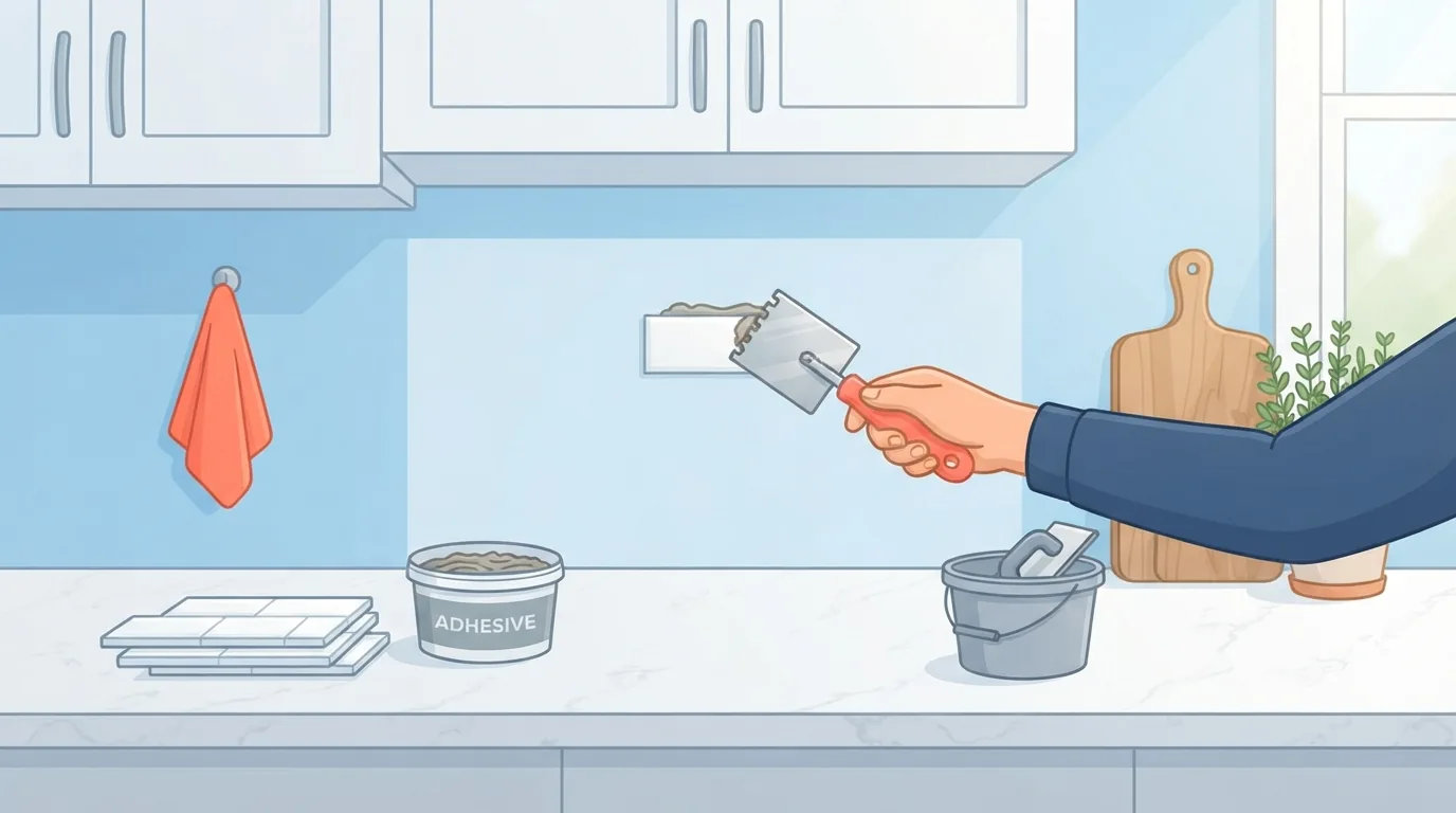 Cocina con la pared libre entre la encimera y los muebles altos lista para poner azulejos
