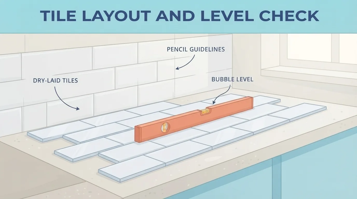 Distribución en seco de los azulejos con líneas guía trazadas en la pared