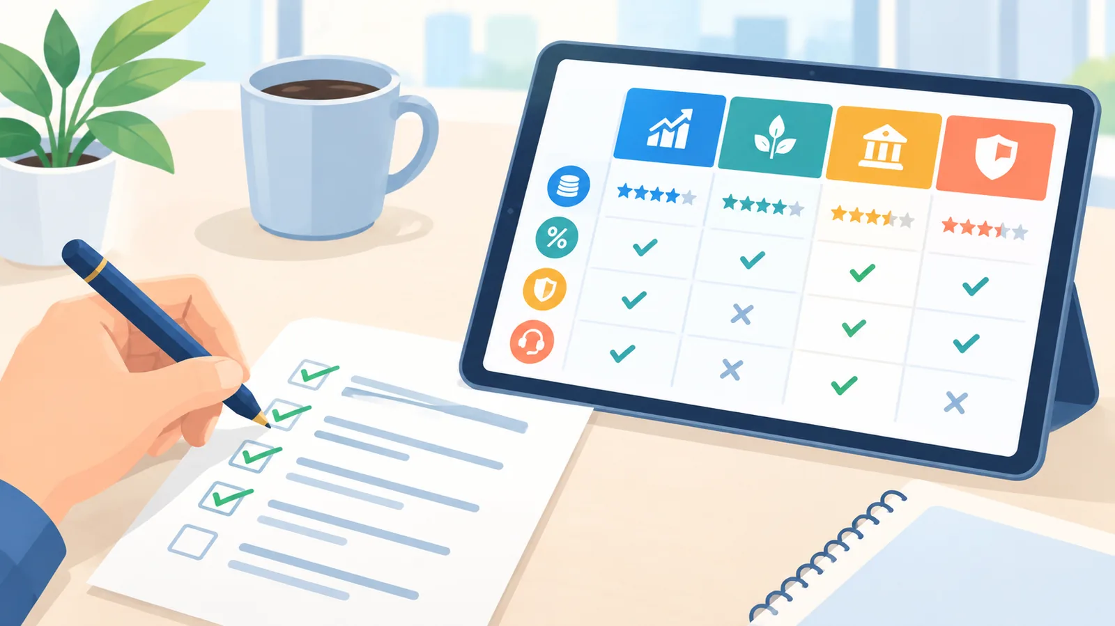 Lista de comprobación para comparar brokers junto a una tableta