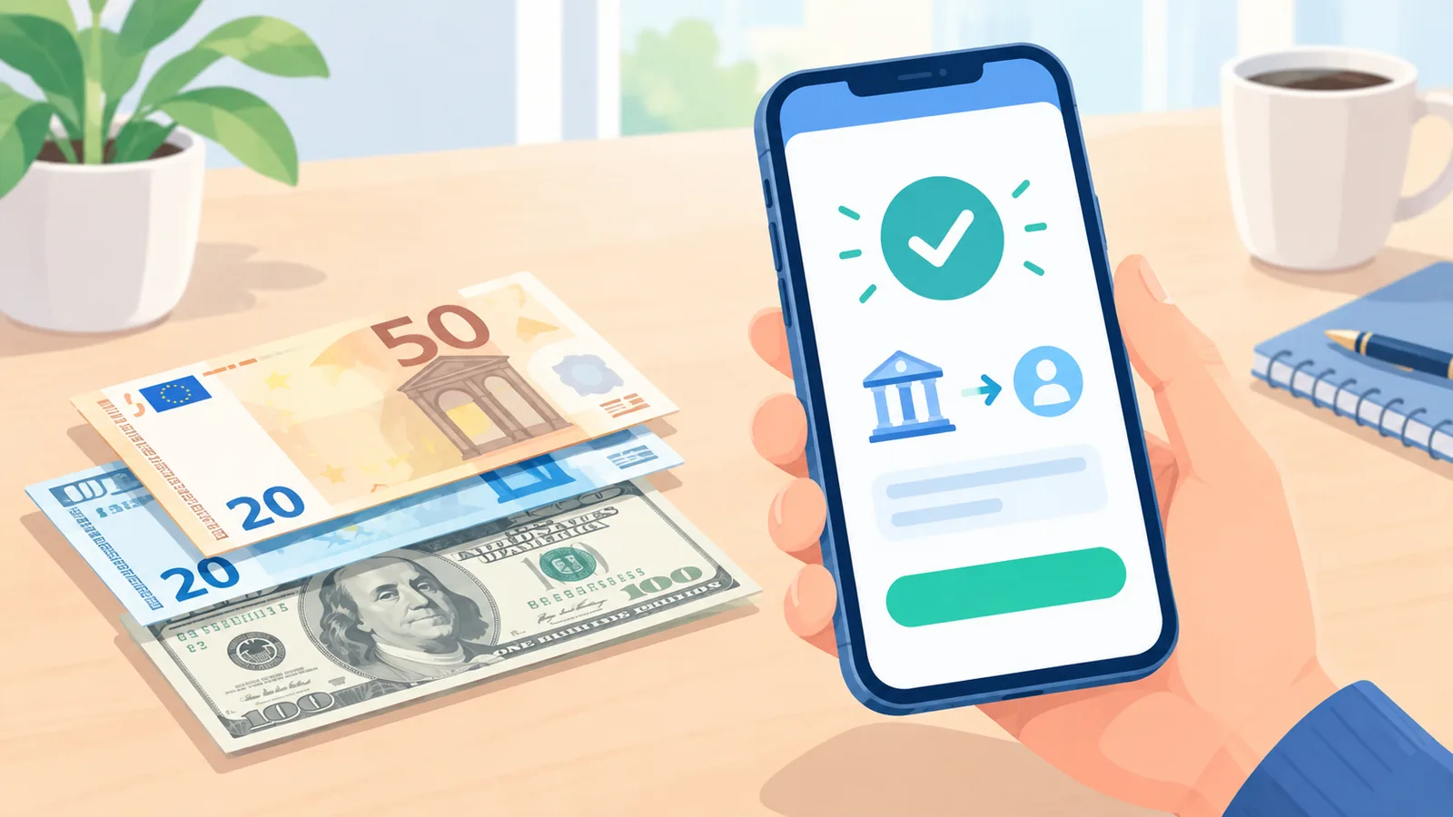 Transferencia bancaria desde el móvil junto a billetes de euro y dólar