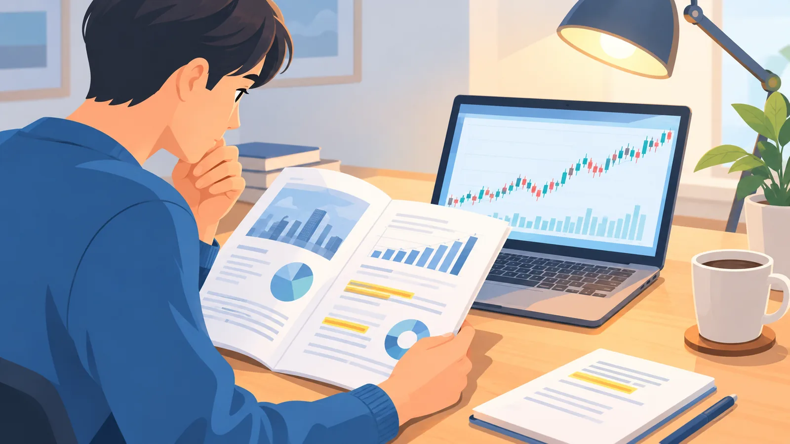 Persona revisando un informe financiero y gráficos
