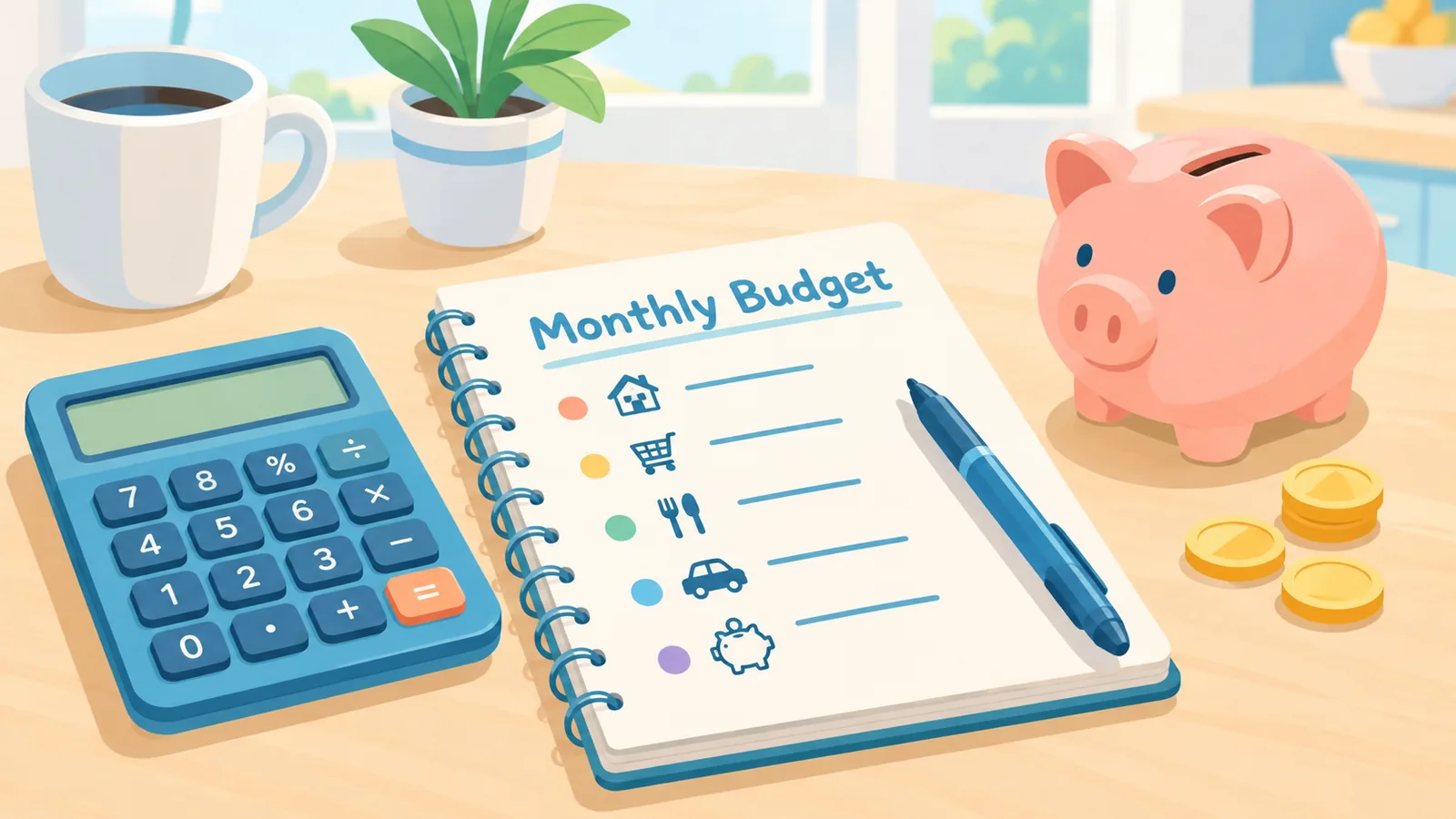 Hucha, calculadora y cuaderno para planificar el importe a invertir