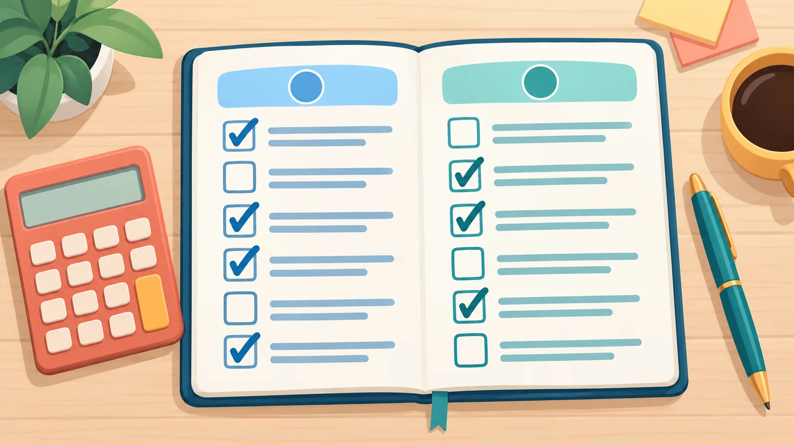 Cuaderno con una lista de criterios para comparar ETF junto a una calculadora