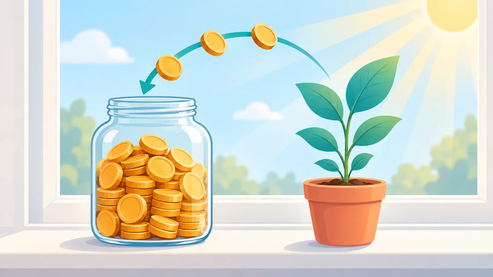 Tarro de monedas junto a una planta como símbolo de renta constante