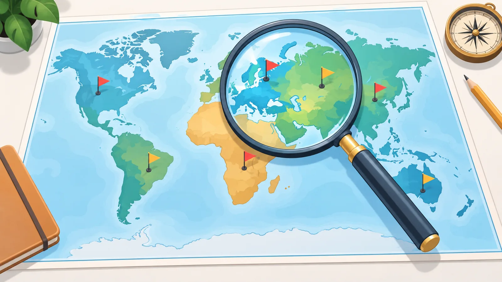 Mapamundi con una lupa sobre Europa y Asia para ilustrar la diversificación internacional