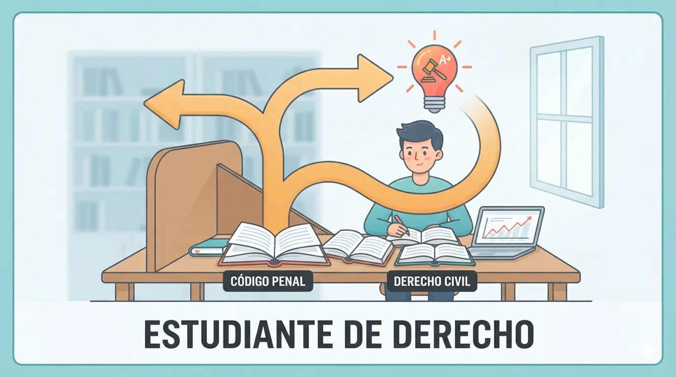 Estudiante de Derecho con libros en una biblioteca universitaria