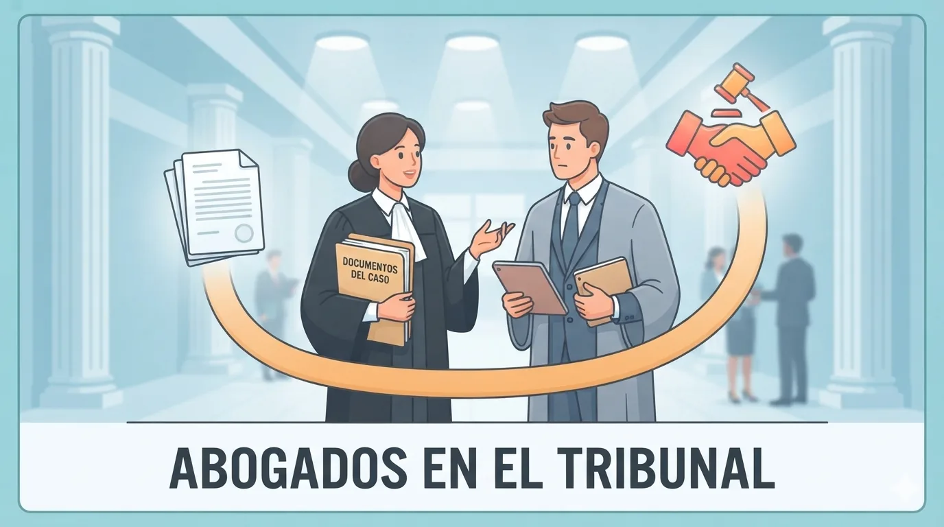 Abogado con toga conversando con un procurador en un pasillo judicial