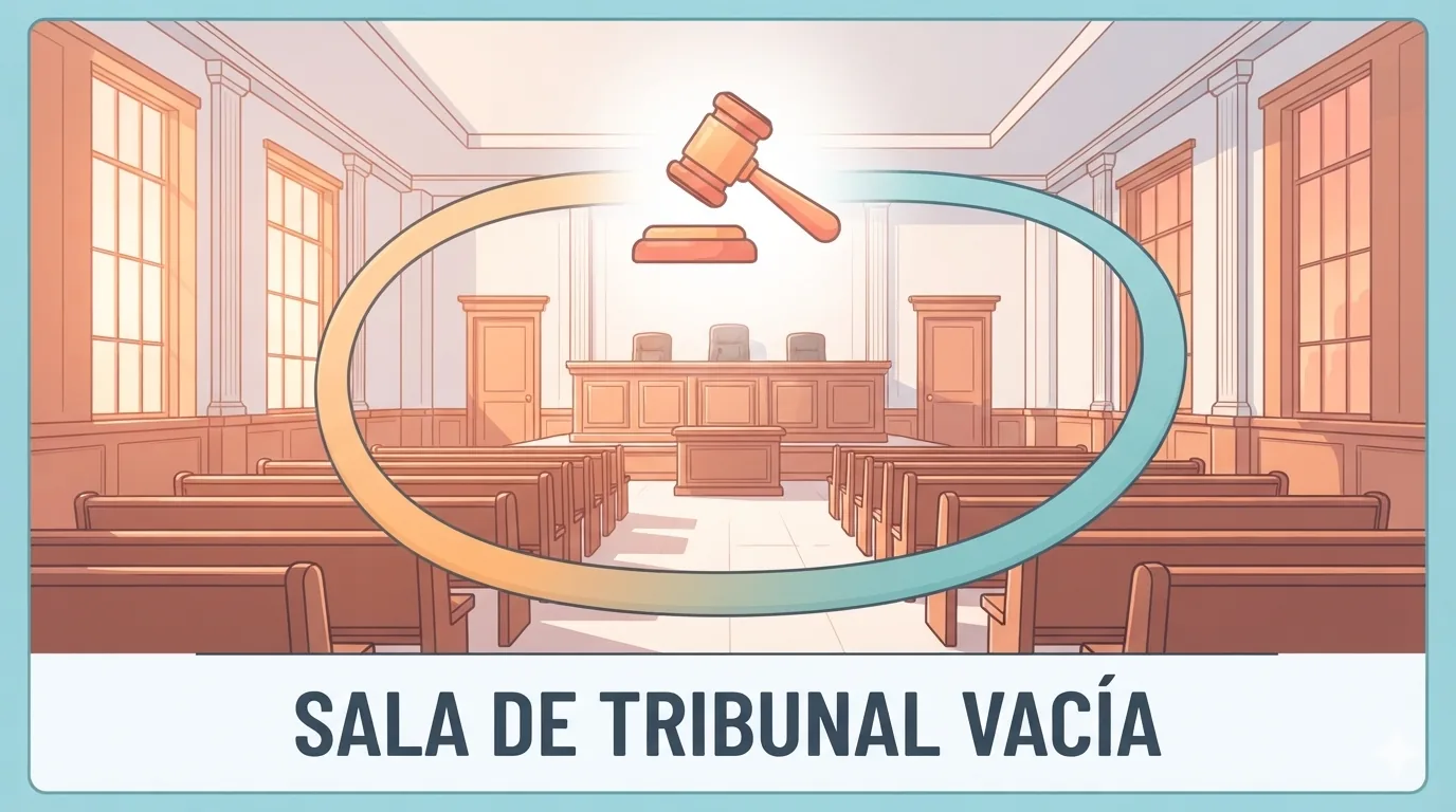 Sala de vistas con bancos de madera vacíos y estrado de los magistrados