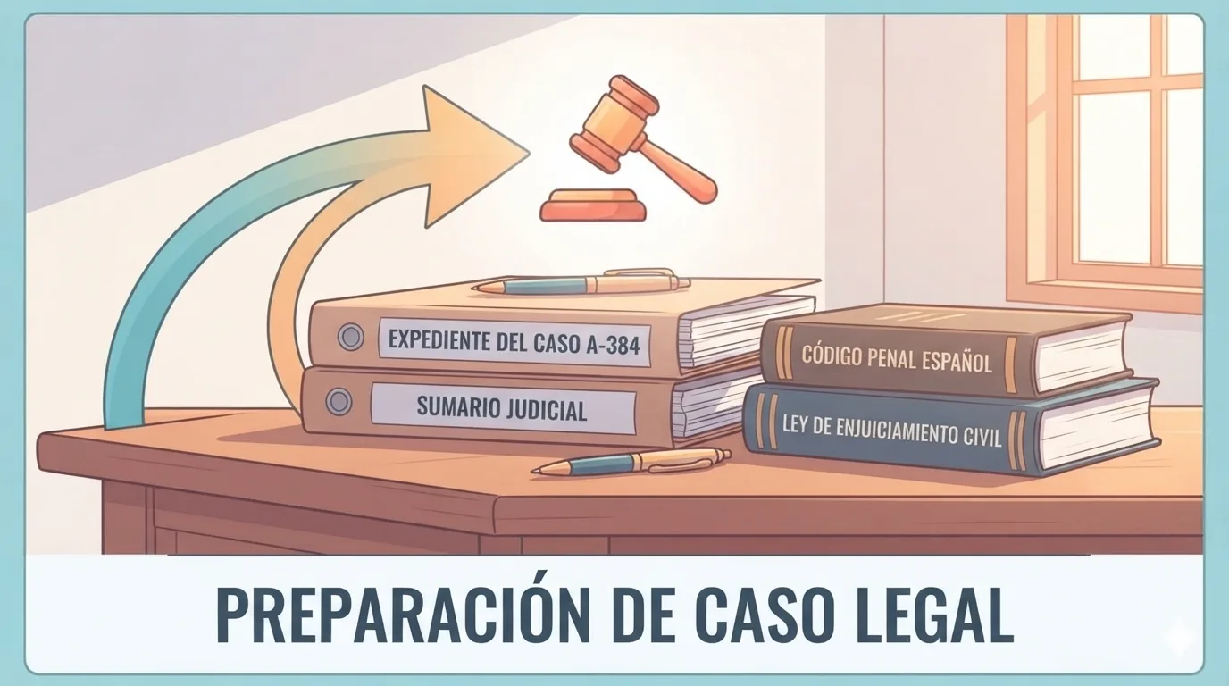 Mesa con códigos legales y una pila de expedientes