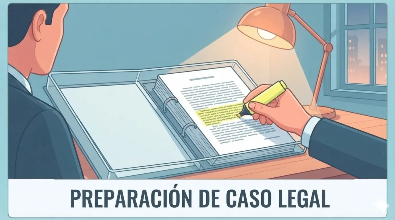 Abogado leyendo un expediente con un marcador bajo una lámpara de escritorio