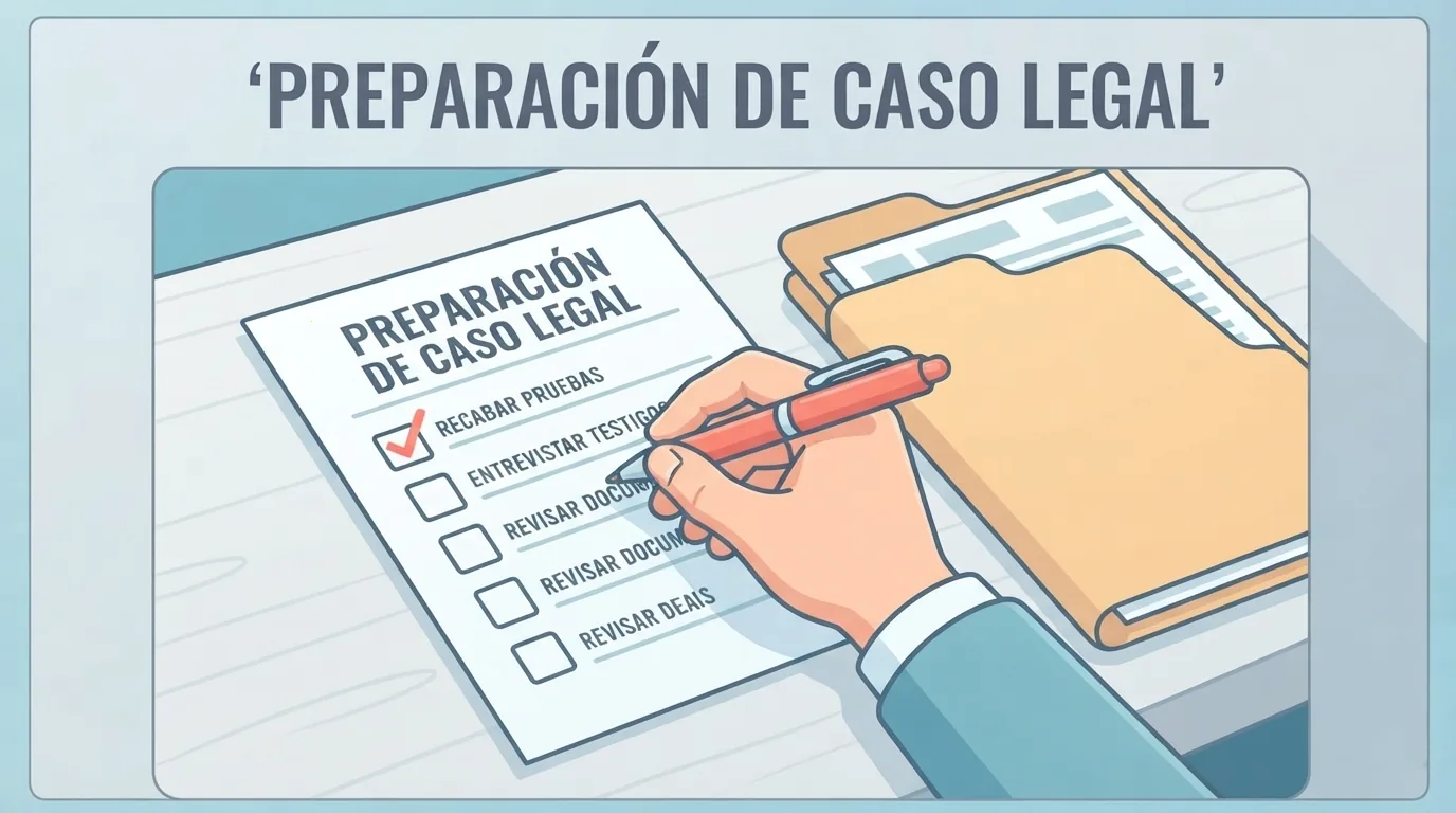 Mano marcando elementos de una lista junto a una carpeta de documentos