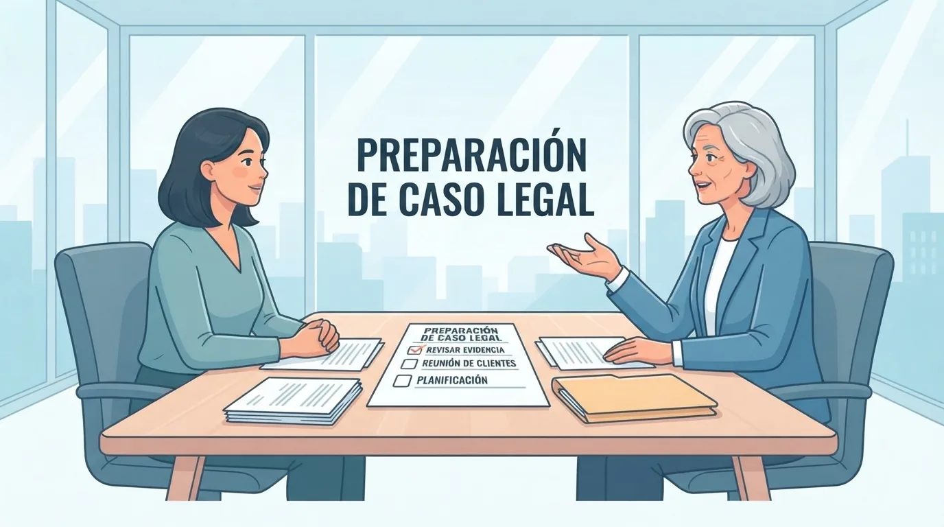 Cliente y abogado conversando en una mesa de reuniones en un despacho luminoso